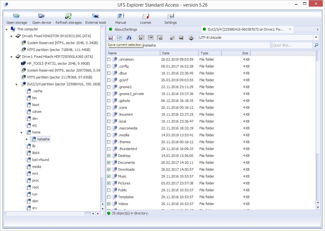 save current selection of files and folders in ufs explorer standard access program
