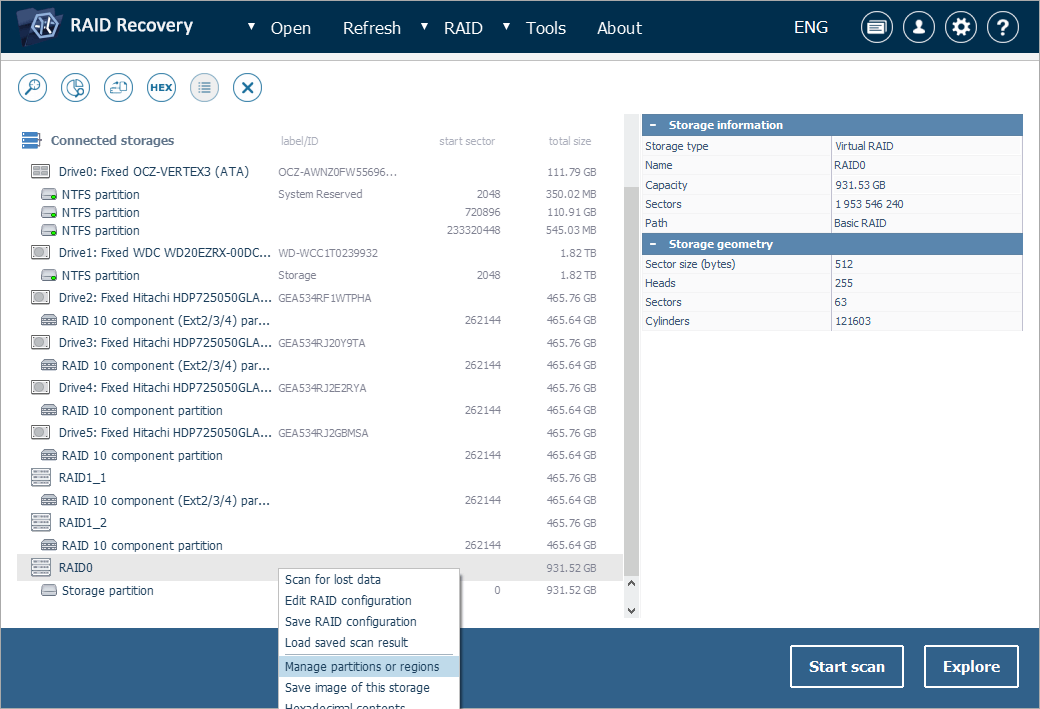 search for partitions with manage partitions or regions option in ufs explorer raid recovery program