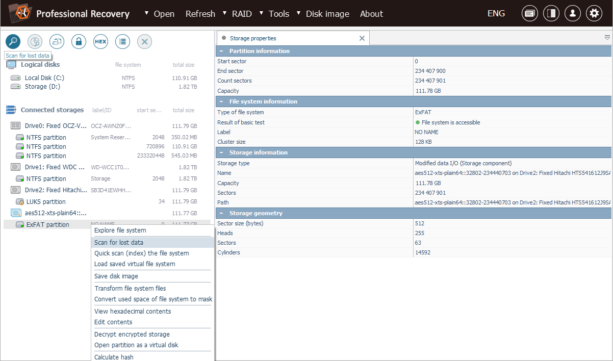 two options to start decrypted storage volume scan in ufs explorer professional