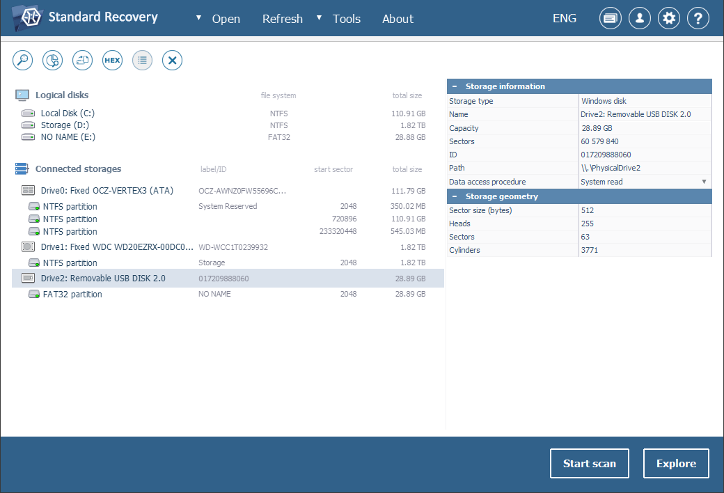 three options to start portable storage scanning in ufs explorer