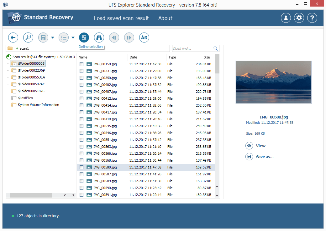 using ufs explorer define selection tool to save several files recovered from memory card