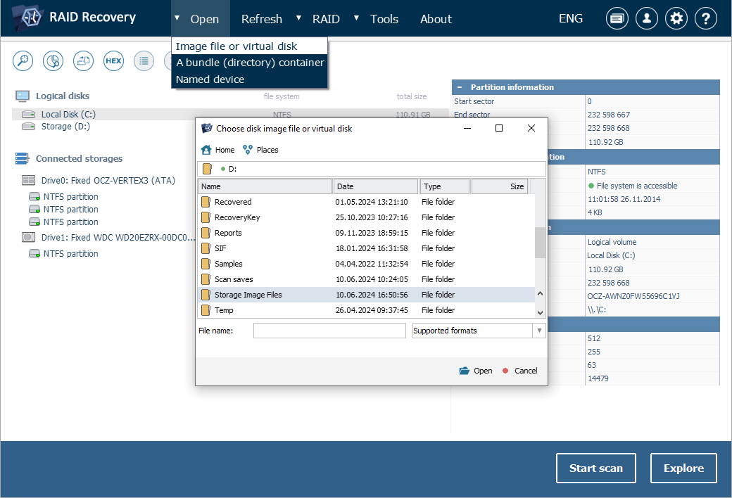 open nas drives images with image file or virtual disk option in ufs explorer