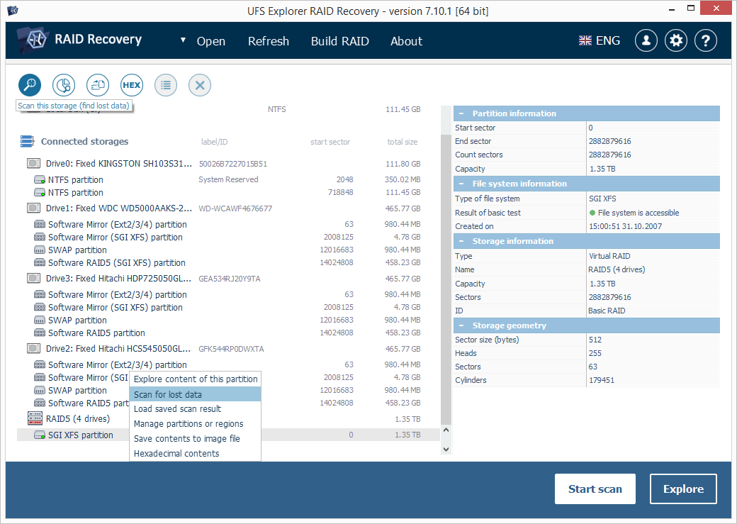 three options to start selected raid volume scanning in ufs explorer