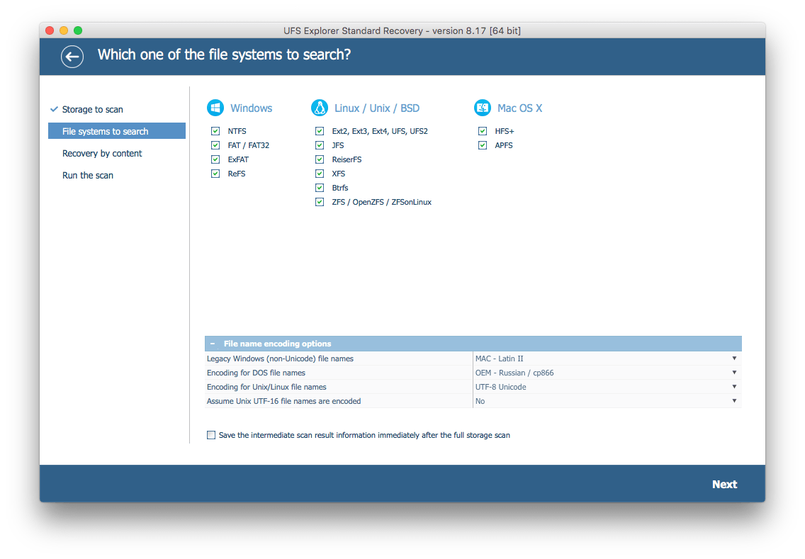 configure scan parameters in ufs explorer standard recovery