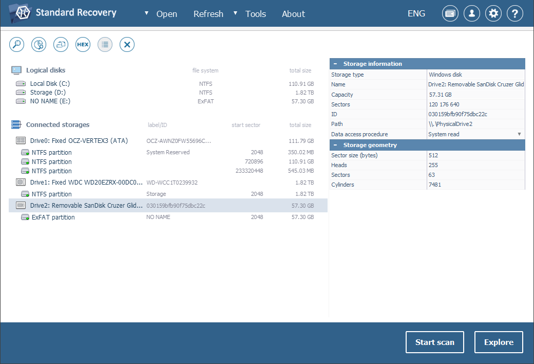 three options to start usb flash drive scanning in ufs explorer